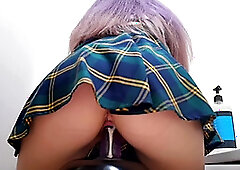 Upskirt view. Big butt student whips her tight pussy juices into cream in cowgirl position.