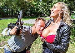 MILF in red lingerie fucks in outdoor scenes with a random man