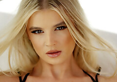 Satisfying blonde teen model passion posing action in hot ebony lingerie