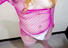 Cute Golden-haired Sissy Milking her Puffy Teats and Hard Tit Slap with Biggest Sextoy