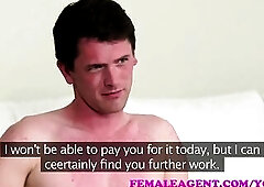 FemaleAgent Breasty golden-haired agent gets her 1st guy on the daybed