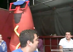 Watch this hot muscle babe deepthroat and take a facial in this wild cum-filled thong