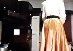 Wife in Gold Satin Petticoat Dominated by Spouse