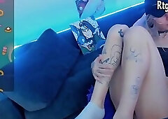 slim european trans blonde with tattoos strokes her cock