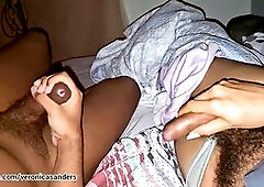 Colombian shemale Veronica Sanders in bed getting cum all over her