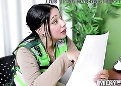 Latin babe Cop with Massive Boobs Gets Her Vagina Filled with Cum by Driver and His Assistant Double Creampie