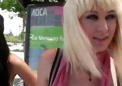 Brunette hooks up another one shemale and they fuck in her house