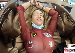 Lovely amateur Thai babe Hana with big boobs is testing a massage chair what makes her asian pussy wet so she goes home and grabs her european lovers 