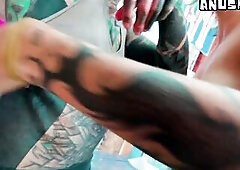 In the tattoo studio, 2 heavily inked alternative goddesses get things started hawt and enormous: dreadlocks tattoo artist Anuskatzz and her client Ed