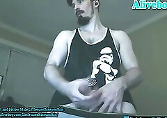 athletic american dude jerks off his big heavy cock