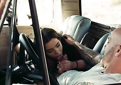 Chubby brunette is fucking horny trucker in the yard