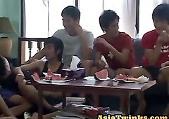 Asia twinks group tugging their unshaven dicks for cumshot