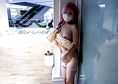 Perverted Pinkhead Japanese babe flashing her pussy in public and fucks in toilet with a stranger