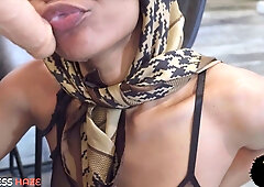 Passionate ebony woman performs oral roleplay in bathroom before climaxing in mouth