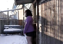 A sexy vagina pees on the Christmas snow. A rock hard stream of golden urine in the yard.