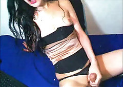 Skinny White Tranny ladyboy milking and cumming