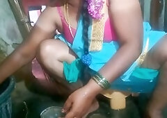 Indian aunty gives a blowjob while cleaning her food plate