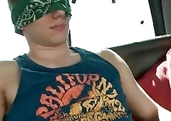 Blindfolded straight dude has his boner sucked in a fuck bus
