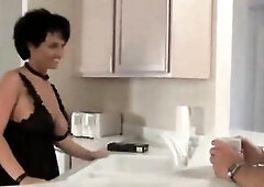 Older housewife in hawt nylons is having hardcore sex in the kitchen, during the day