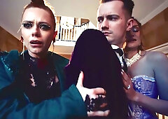 Queen Rebecca More commands her knights in a medieval gangbang fantasy