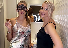 Blonde and brunette teens with massive tits and juicy asses share a thick cock in a steamy backstage shower before their pajama shoot