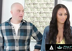 Abigail Mac enjoys an oily nuru massage that turns into a passionate interracial threesome