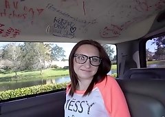 Nerdy slut Kelsey Kage gets her throat & pussy fucked hard in the backseat