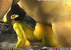 Green monster Ogre bangs hard a lewd female goblin Arwen in the enchanted forest