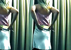 Stunning CD in satin underpants, slide, satin mini-skirt, & satin sundress