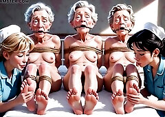 In this forbidden nursing home dream, youthful nurses passionately lick and suck the wrinkled feet of elderly chicks fastened in slavery. The old ladi