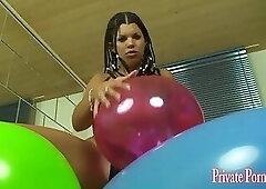 Horny babe plays with cum and balloons