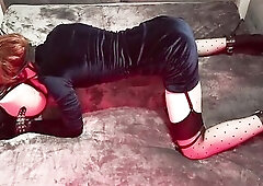 Crossdresser in velvet suit in selfbondage and licking