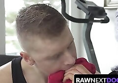 Hairy stud Alex Tanner barebacks his weight lifting lover Charlie Pattinson after workout