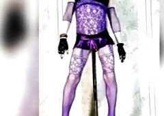 A shaggy-haired, horny wench positions in a recent purple bodysuit and high heels, wearing a miniskirt and bright makeup. That babe looks at u, arouse