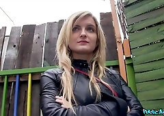 Jemma Valentine public agent blonde with a leather jacket takes cock for cash