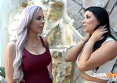 Horny busty vixens Romi Rain & Elle share veiny dick for hardcore fuck