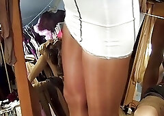 Cock in glossy preowned 20 d pantyhose Miel, lace panties