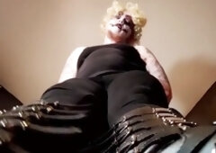 FTM shemale in knee high boots gets dominate with a monster dildo and reaches a powerful orgasm