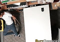 Tied up ebony shoplifter sucks mall cop