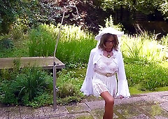 Money-Shot Pixie - outdoor money-shot in a sheer humid gown and nylon stocking