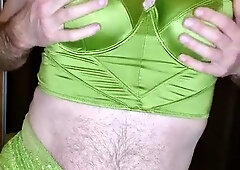 Crossdresser Lynn wearing Green top lace undies and stocking