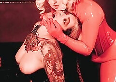 Fetish Raiment Lesbo Sex - Curvy Golden-haired Dominates & Gets Screwed by Breasty Brunette hair in Latex Rubber Catsuit