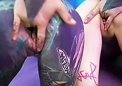 Tattooed girl and alternative girl take on two cocks