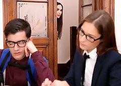 Sensual brunettes Lilu Moon and Mina are sucking in the classroom