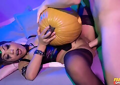 Asian Halloween Babe In Stockings Gets Nicely Fucked With Polly Pons And Ron Johnny Fox