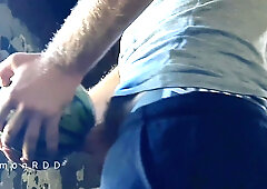 The fellow pummels watermelon rock-hard with a thick fur covered trouser snake