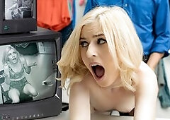 Security officer Rusty Nails brings blonde thief Minxx Marii into the backroom after suspecting her of trying to steal some merchandise. After running