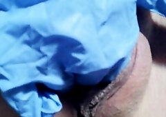 Morning quick close up masturbation in medical glove till orgasm.