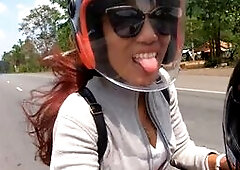 Coffee shop public blowjob and big cock ride for this Asian European amateur couple in Thailand after they got there on a motobike! They could not kee