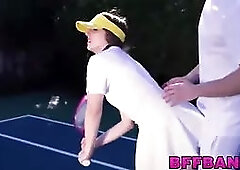 Dark haired tennis stunners fed jizz point of view after hardcore 4some